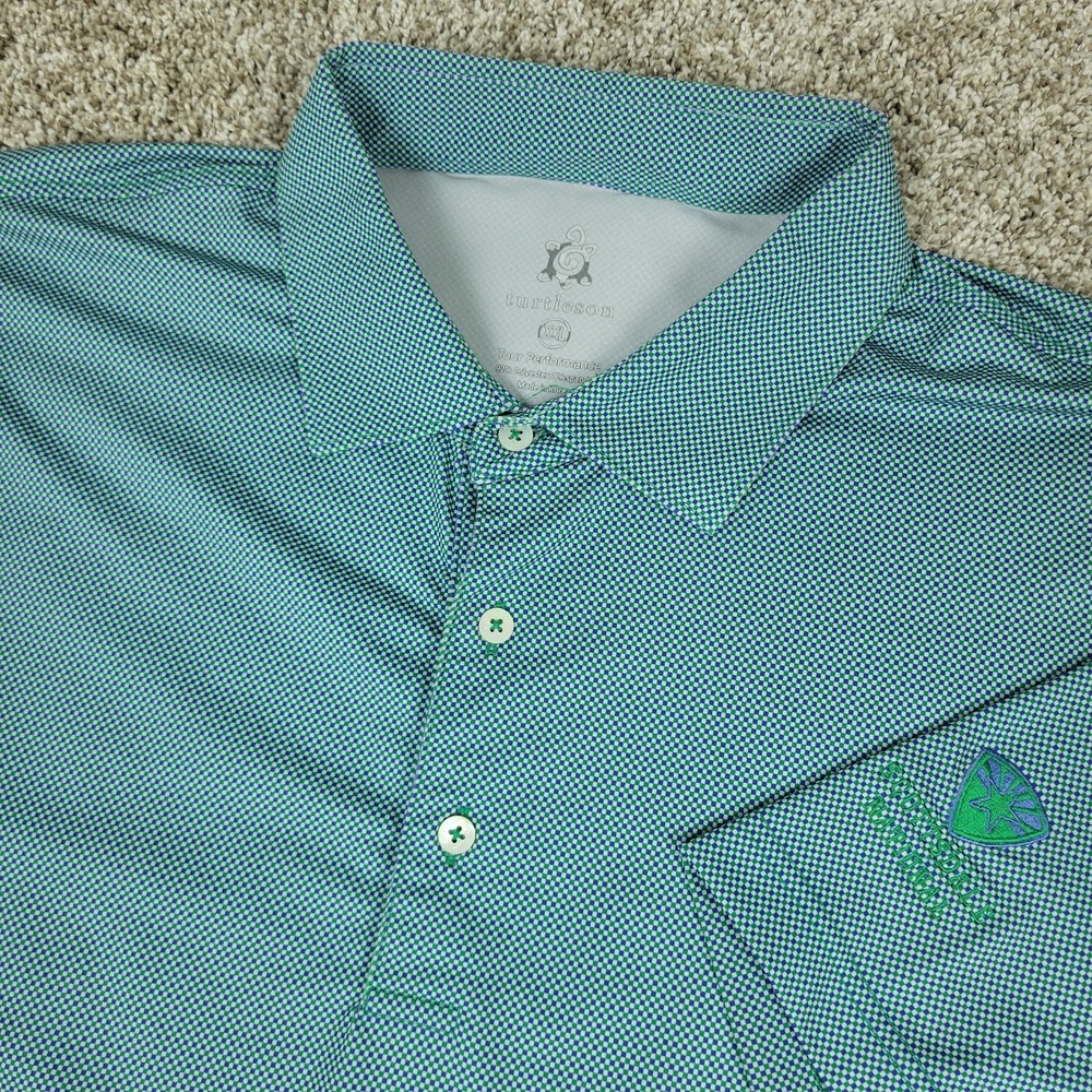 Turtleson Mens 2XL Blue Green Mini Check Performance Stretch Golf Polo SS